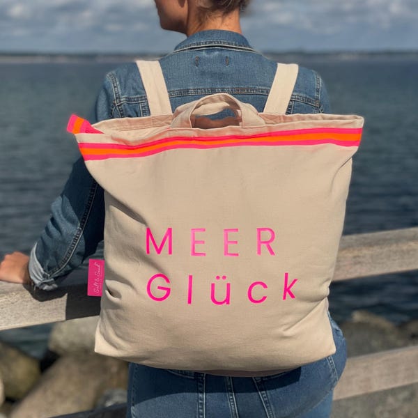 Canvas Rucksack Damen beige „MEER Glück“ – Medium Stoffrucksack mit Reißverschluss, maritimer Alltagsrucksack u Geschenkidee von Salt & Sand