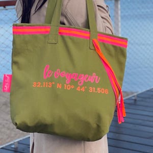 Salt & Sand Canvas Tasche bedruckt mit Reißverschluss l Tote Bag aesthetic l Tasche Stoff l Strandtasche l Tasche Baumwolle l Oliv neon pink