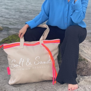 Canvas Tasche XL bedruckt mit Reißverschluss l Salt & Sand neon l Tote Bag aesthetic l Tasche Stoff l Strandtasche l Yoga Tasche
