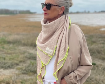 Musselintuch Damen beige mit neon gelb Musselin Schal Damen Halstuch Dreieckstuch XXL Musselintuch Tücher Schal Musselin Tuch aus Baumwolle