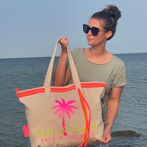 Salt & Sand Canvas Tasche XL bedruckt mit Reißverschluss l beige neon l Tote Bag aesthetic l Tasche Stoff l Strandtasche l Tasche Baumwolle