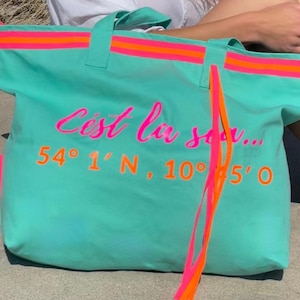 Salt & Sand Canvas Tasche XL bedruckt mit Reißverschluss l türkis neon l Tote Bag aesthetic l Tasche Stoff l Strandtasche l Tasche Baumwolle