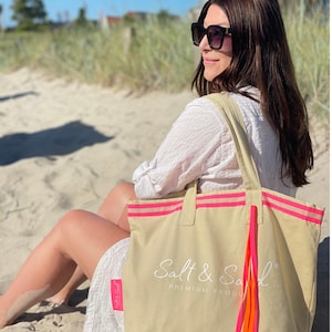 Salt & Sand Canvas Tasche bedruckt m. Reißverschluss l beige neon pink l Tote Bag aesthetic l Tasche Stoff l Strandtasche l Tasche Baumwolle
