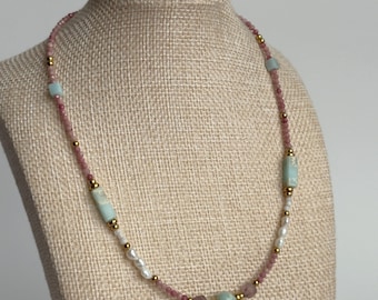 Natural Stone Freshwater Pearl Beaded Necklace
