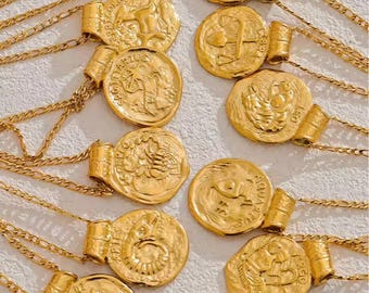 18K Gold Zodiac Pendant Medallion Necklace: Waterproof Stainless Steel Astrology Sign