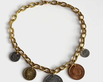 Vintage Real Coin Travel Charm Necklace Chunky Custom