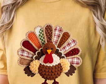 Thanksgiving Turkey Comfort Colors Shirt,Print Crochet Turkey Shirt,Colorful Turkey Shirt, Turkey Day,Thanksgiving Gift,Turkey Lover Shirt