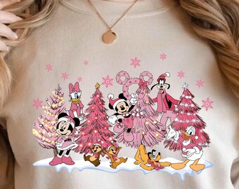 Pink Mickey and Friends Christmas Tree Sweatshirt, Disney Christmas Sweatshirt, Disney Christmas Shirt, Mickey And Friends Christmas Shirt