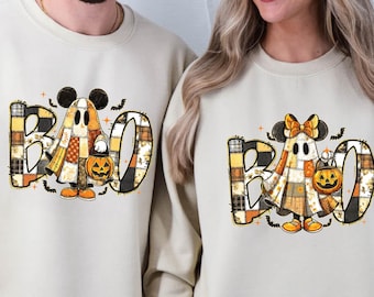 Retro Mickey Minnie Ghost Halloween Couple Sweatshirt, Mickey Ghost Shirt, Spooky Mickey Minnie Matching Shirt, Disney Halloween Sweatshirt
