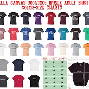 Pode incluir: Uma tabela de tamanhos para camisas unisex para adultos Bella Canvas 3001/3005. A tabela mostra as diferentes cores e tamanhos dispon&iacute;veis para as camisas. A tabela tamb&eacute;m inclui um guia de medidas para o peito e o comprimento em polegadas.