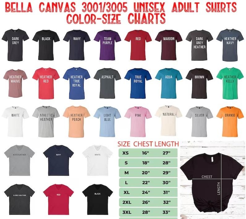 Pode incluir: Uma tabela de tamanhos para camisas unisex para adultos Bella Canvas 3001/3005. A tabela mostra as diferentes cores e tamanhos dispon&iacute;veis para as camisas. A tabela tamb&eacute;m inclui um guia de medidas para o peito e o comprimento em polegadas.