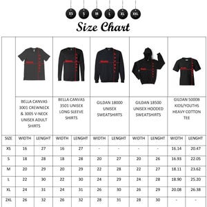 Pode incluir: Tabela de tamanhos para t-shirts unissex, camisas de manga comprida, sweatshirts e hoodies. A tabela mostra as medidas de largura e comprimento em polegadas para os tamanhos XS a 2XL.