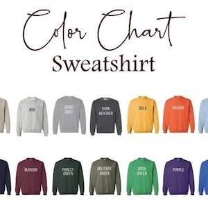 Pode incluir: Carta de cores que mostra 20 cores diferentes de sweatshirts. As cores s&atilde;o: branco, areia, cinza, cinza desportivo, cinza escuro, dourado, laranja, azul claro, vermelho, preto, azul marinho, castanho, verde floresta, verde militar, verde irland&ecirc;s, roxo, azul royal e rosa claro.