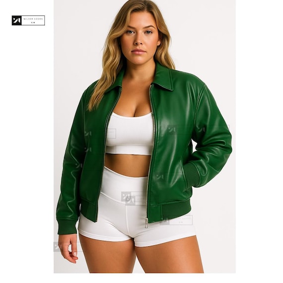 Green Leather Bomber Jacket: Plus Size Cropped Streetwear - Etsy