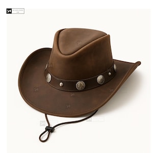 Handmade Brown Leather Cowboy Hat for Men – Real Leather Western Hat with Chin Strap & Silver Conchos – Western Hats for Men and Women