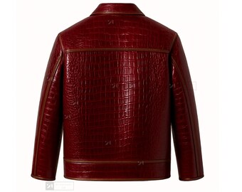 Burgundy Crocodile Embossed Leather Bomber Jacket – Burgundy