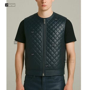 Men&#39;s Real Leather  Vest- Handmade Motorcycle Biker Vest-Black Quilted Leather Vest-Halloween Gift- Thanksgiving Gift-Christmas Gift