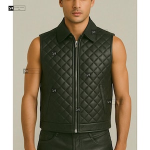 Men&#39;s Real Leather Vest- Handmade Motorcycle Biker Vest-Black Quilted Leather Vest-Halloween Gift- Thanksgiving Gift-Christmas Gift