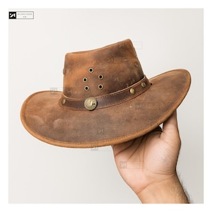 Vintage Brown Suede Leather Cowboy Hat with Brass Emblem | Western Outback Wide Brim Hat | Rustic Rodeo Style Men&#39;s Hat –Western Cowboy Hats