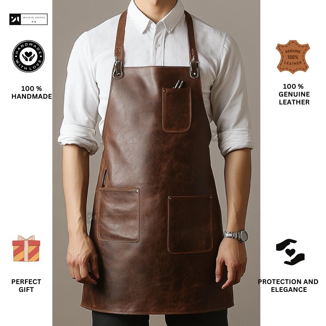 Tablier En Cuir Imperméable Pour Chef, BBQ, Barbier - Bretelles Croisées, Poches - Marron