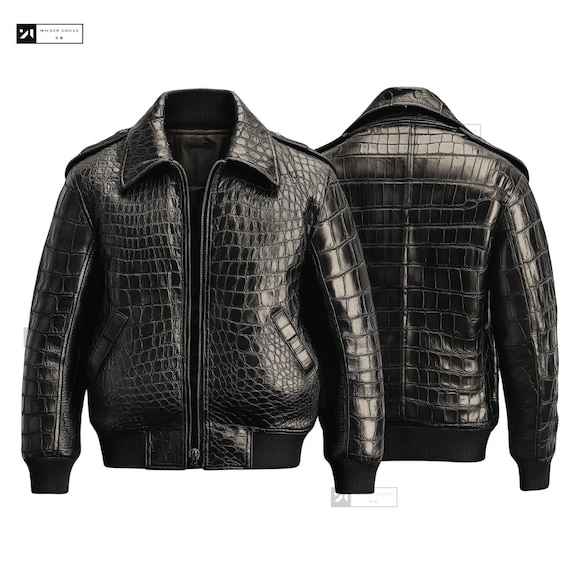 BLACK Embossed CROCODILE Leather Men Aviator Jacket - Motorcycle