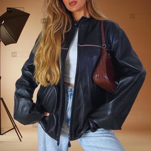 Women Classic Black Leather Bomber jacket, Oversized Straight Cut Sheep Leather Jacket. Ladies Leather jacket, Ladies Soft leather jacket