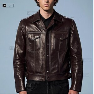 Men’s Chocolate Brown Leather Jacket-Vintage Trucker Style Jacket-Real Cowhide Outerwear with Snap Closure- Handmade Leather Jacket For Men