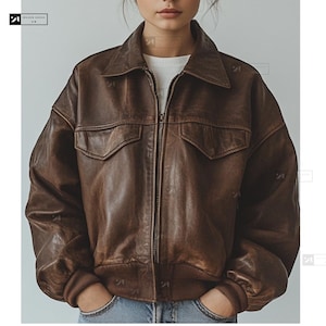 Blouson aviateur marron fait main surdimensionné en cuir d'agneau souple pour femme - Veste en cuir véritable pour tenue décontractée, taille personnalisée