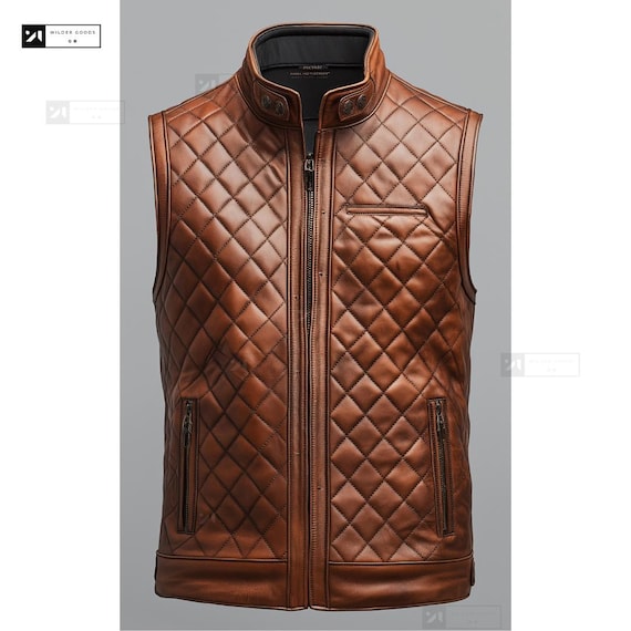 Herren Braun gesteppte Lederweste-Leder Biker Weste-echtes Leder