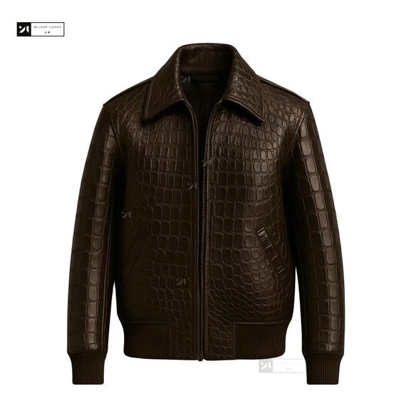 Men's Crocodile Embossed Leather Bomber Jacket - Coffee Brown