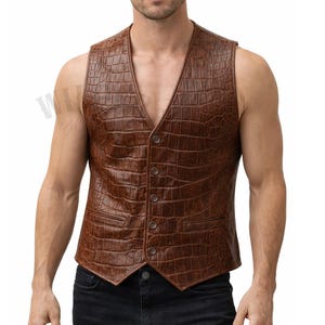 Colete de couro de crocodilo com relevo: estilo motociclista ocidental