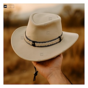 Beige Suede Cowboy Hat for Men -Vintage Outback Western Style Hat with Braided Band -Real Leather Ranch Hat for Summer & Travel