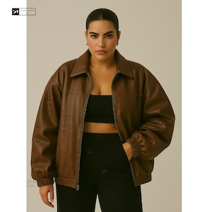 Blouson aviateur en cuir surdimensionné marron classique pour femme - Blouson en cuir de mouton coupe droite - Blouson en cuir pour femmes - Blouson en cuir souple pour femmes
