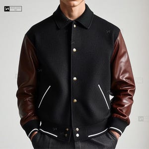 Men's Black Wool & Brown Leather Varsity Bomber Jacket-Vintage College Style Letterman Jacket-Retro Gift for Him - Varsity Jacket For Him