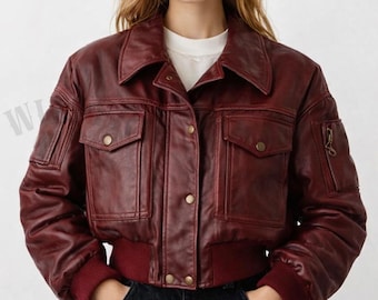 Women Handmade burgundy Oversize Bomber Lambskin Soft Real Leather Jacket-Custom Size -Casual Wear Genuine Leather Jacket-Gift for Her