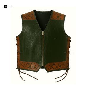May include: A green leather vest with a V-neck and a zip closure. The vest has brown accents on the shoulders and lower front, with a reptile-like texture on the green leather. The sides have brown laces.