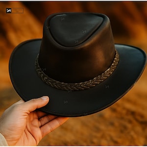 Black Leather Cowboy Hat for Men | Handmade Real Leather Western Hat -Vintage Outback Ranch Style- Durable Rugged Outdoor Hat-Western Hats