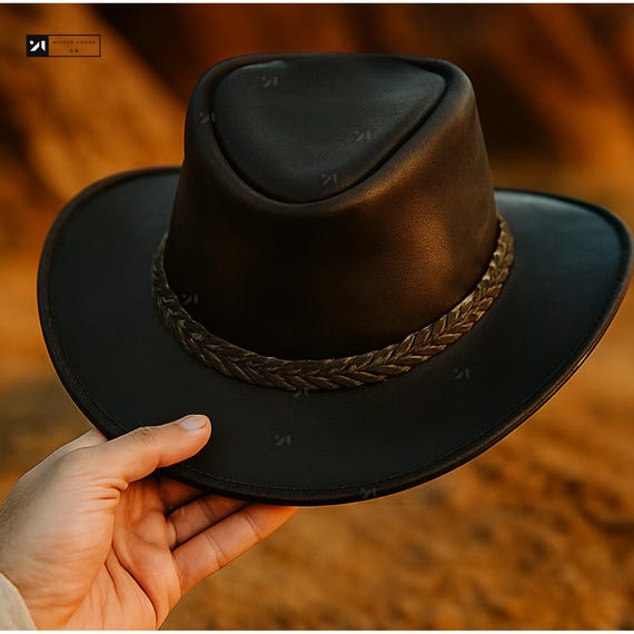 Handmade Black Leather Cowboy Hat: Vintage Western Ranch  display picture 1