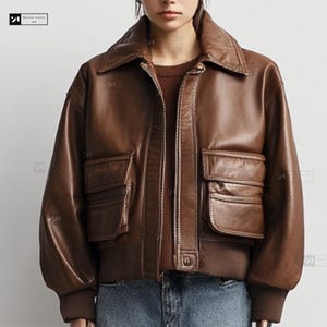 Blouson aviateur classique en cuir marron pour femme - Blouson surdimensionné en cuir de mouton à coupe droite - Blouson en cuir pour femme - Blouson en cuir souple pour femme