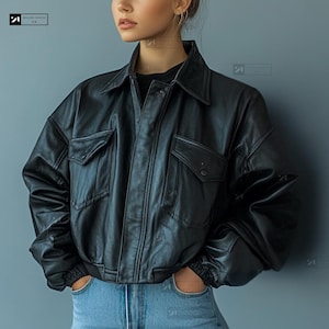 Veste bomber oversize noire faite à la main en cuir d'agneau souple pour femme - Taille personnalisée - Vêtements décontractés - Veste en cuir véritable - Cadeau pour elle