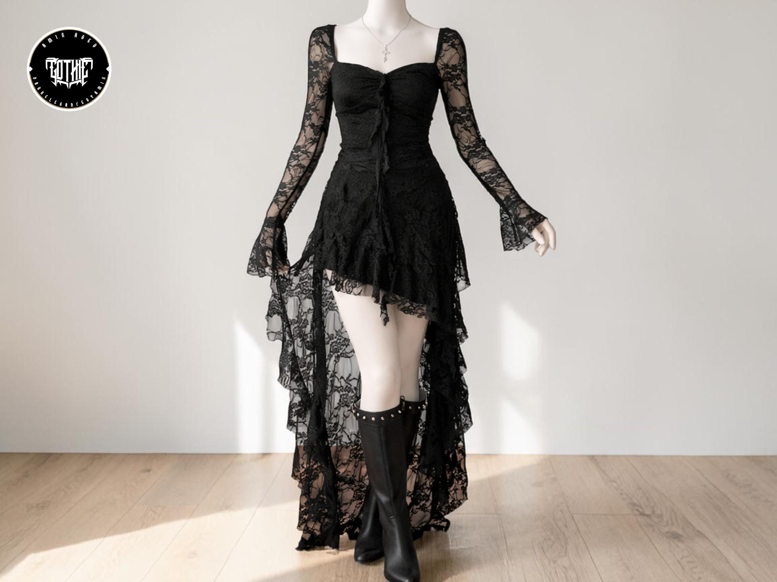 Black Lace Dress With Flare Sleeves - Etsy