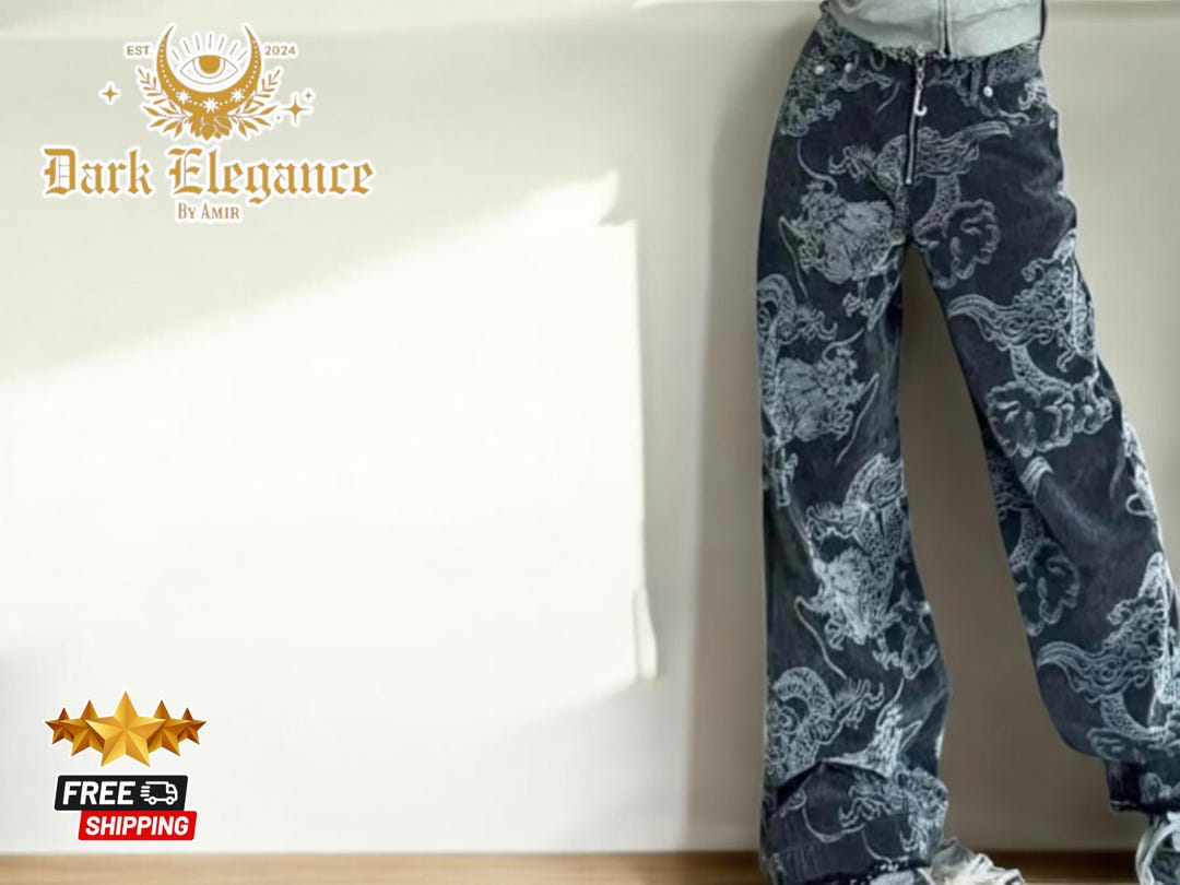 Women's Inspired-dragon Print Jeans | High-waist Straight-leg Design ...