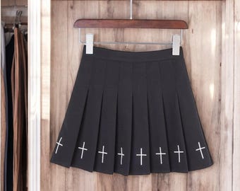 Falda plisada gótica de talle alto / Estilo urbano con estampado de cruces