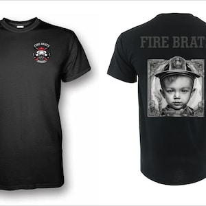 May include: Black t-shirt with a small graphic of a firefighter's helmet and crossed axes on the left chest. The back of the shirt has a larger graphic of a young boy wearing a firefighter's helmet and the text "FIRE BRATS".