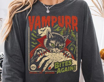 Vampire Cat Halloween Shirt, Comfort Colors Retro Vampurr Tee, Funny Spooky Black Cat Shirt, Vintage Gothic Halloween Graphic,Cat Lover Gift