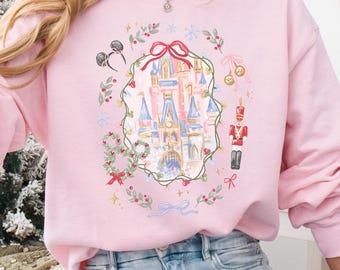Retro Coquette Bow Disney Castle Christmas Sweatshirt, Mickey's Very Merry Christmas Party Hoodie, Girly Nutcracker Xmas Baby Sweat