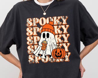 Spooky Ghost Halloween Shirt, Comfort Colors Ghost Coffee Tee, Cute Pumpkin Fall T-Shirt, Retro Spooky Season Graphic, Coffee Lover Gift