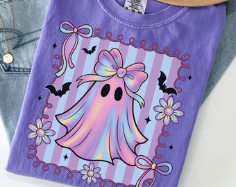 Coquette Ghost Shirt, Pastel Halloween Tee, Holographic Lace Ghost T-Shirt, Cute Spooky Season Comfort Colors® Shirt, Girly Fall Top