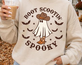 Boot Scootin Spooky Sweatshirt, Western Ghost Halloween Hoodie, Cute Cowboy Ghost Crewneck, Retro Spooky Season Pullover, Fall Gift