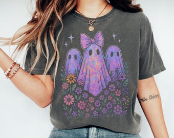Comfort Colors® Iridescent Ghost Shirt, Coquette Halloween Tee, Pastel Rainbow Ghost T‑Shirt, Cute Spooky Season Shirt, Girly Halloween Top